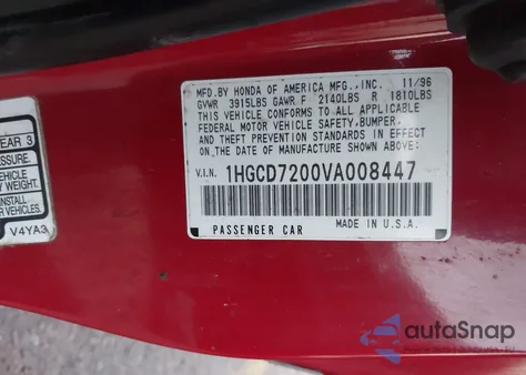 1997 Honda Accord Se from USA, damaged, VIN 1HGCD7200VA008447